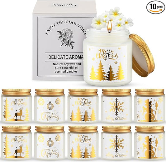 MTLEE 10 Pcs Christmas Candle Gift Set Scented 10 Fragrances Aromatherapy Candle Gift Set for Women Christmas Holiday Presents(Golden Lid)