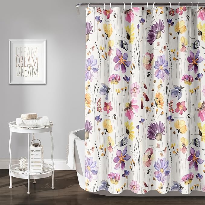 AILONEN Solemn Flowers Shower Curtain,Daisy Theme Bathroom Shower Curtain for Girls Kids Teens, 72" W*84" H Watercolor Patchwork Flowers Bathroom Decor for Bathroom