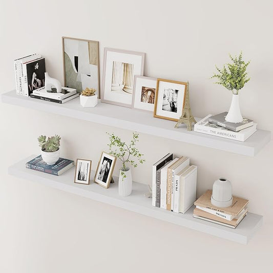 Marsmiles Wood Floating Shelves for Wall Set of 2, 48 Inch Wide Rustic Wooden Floating Shelves, Invisible Wall Mounted Display for Living Room Bedroom Kitchen Bathroom Office, Black