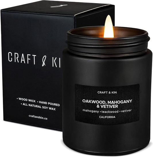 Craft & Kin Premium Oakwood, Mahogany & Vetiver Candle | Black Spring Scented Candles for Men | Long Lasting with 45 Hour Burn Time, 7.6oz | Made with Soy | Aromatherapy at Home | Gifts for Men