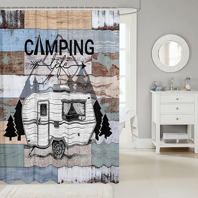 Feelyou Happy Camping Shower Curtain White Camper Fabric Shower Curtain for Kids Boys Girls Farmhouse Style Bathroom Waterproof Accessories with 12 Hooks Vintage Barn Door Curtains,72X84 Inches