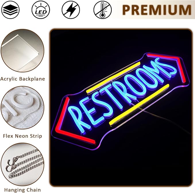 Restroom Neon Sign for Wall Decor, Toilet Led Signs for Bathroom, Unisex Bathroom Sign, USB Dimmable Neon Lights for Restrooms Shop Business Market Store Restaurant Bathroom Bar Hotels