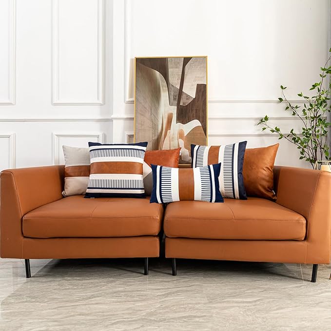 Set of 2 Large Throw Pillow Covers 24x24 Neutral Decorative Pillow Case for Sofa Couch Bed Faux Leather Accent Square Cushion Cover, Modern Farmhouse Decor