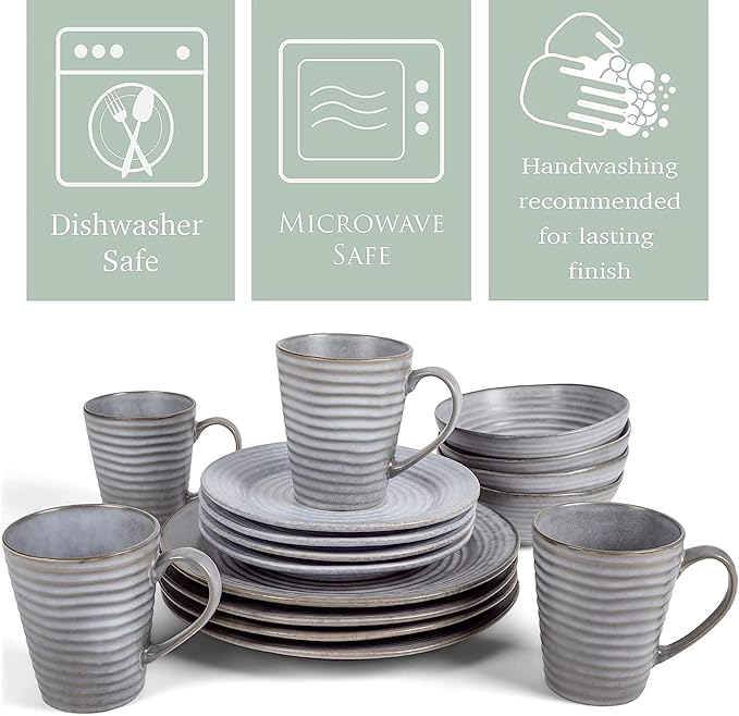 Elanze Designs Charming Chic Ribbed Modern Thrown Pottery Look Ceramic Stoneware Plate Platter Mug & Bowl Kitchen Dish Dinnerware 16 Piece Set - Service for 4, Slate Grey
