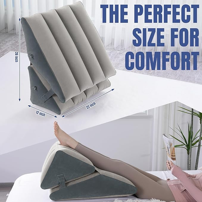 HOMBYS Adjustable Inflatable Bed Wedge Pillow for Sleeping, 7 in 1 Multi Use Back Pillow for Bed Sitting Up, 10 inch Elevated Support Pillow for Legs & Back, Portable for Travel Use, White&Grey