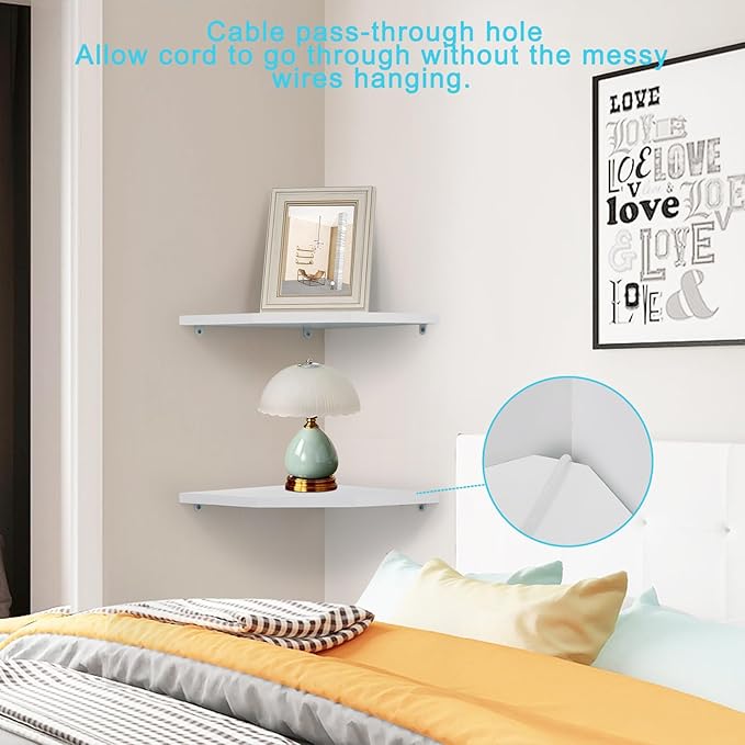 Corner Wall Shelves Set of 2, Rustic Wood Corner Floating Shelves with Cable Raceway, Wall Mount Storage Display for TV Accessories, Baby Monitor, Speaker, Cable Box (White, Diamond- 12 Inch)