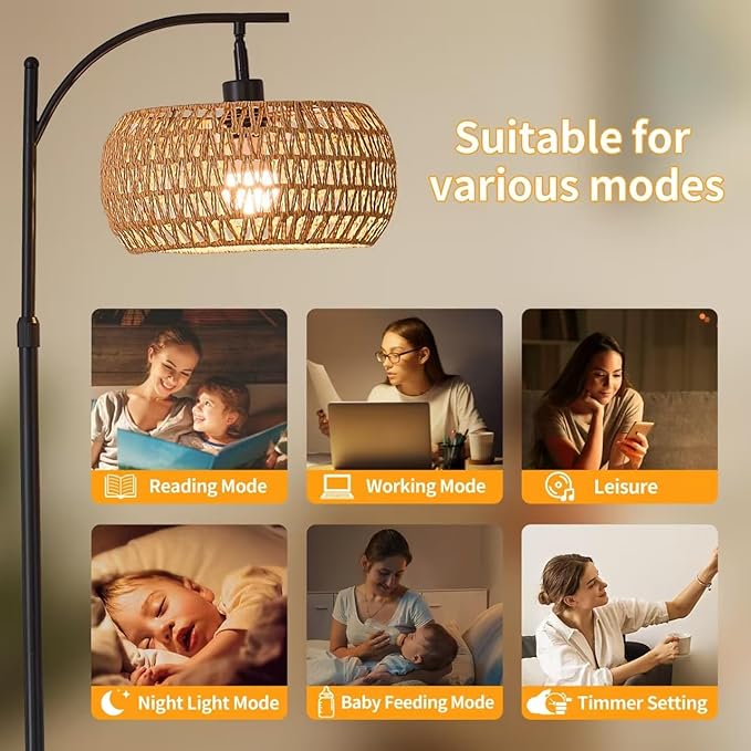 Black Floor Lamp for Living Room, Boho Rattan Floor Lamp with Shelf Farmhouse Standing Lamp with 3 Color Temperature, Arc Cornor Tall Lamp for Bedroom Office,Remote & Dimmable LED Bulb Included.