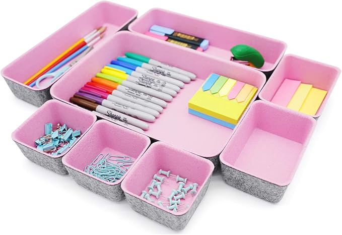 Welaxy desk drawer organizers tray dividers felt storage box bin for office suppliers makeup crafts pens decluttering 8-piece back to school solution (Light pink)