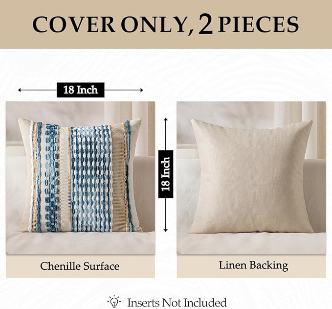 ANRODUO Pack of 2 Boho Decorative Throw Pillow Covers 18x18 Farmhouse Cushion Case Striped Chenille Pillow Cases Coastal Throw Pillows Accent Neutral Pillowcase for Sofa Couch Bed, Sky Blue Stripe