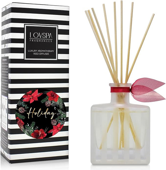 LOVSPA Holiday Reed Diffuser Gift Set - Evergreen, Pine, Red Currant & Juniper Berry Essential Oils - Holiday Scented Reed Diffuser for Large Rooms - Made in The USA