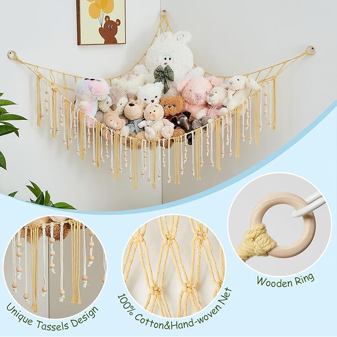 Pretty Jolly Stuffed Animal Storage Hammock with Wooden Beads Corner Hanging Net Boho Tassel for Toy Plush Holder for Kid Room Nursery Decor Wall Display Organizer for Girls Boy Gift(Yellow)