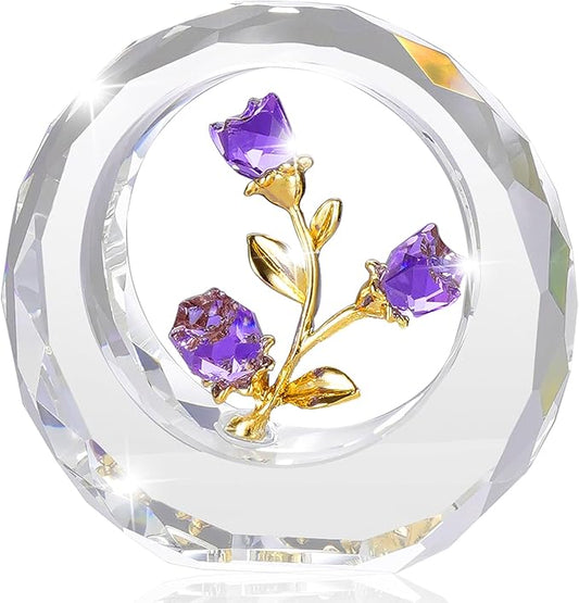 Crystal Flower Figurines,Glass Tulips with Stems,Spring Bouquet Collectible Figurines Home Decor (Purple)