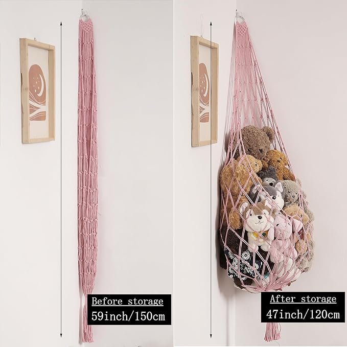 Stuffed Animal Hammock Corner Hanging Net for Stuff Animal Storage Macrame Toy Display Plush Toy Holder-Perfect for Tiny Space Walls-Kid Bedroom Decor Nursery Playroom Organizer (Light Pink)