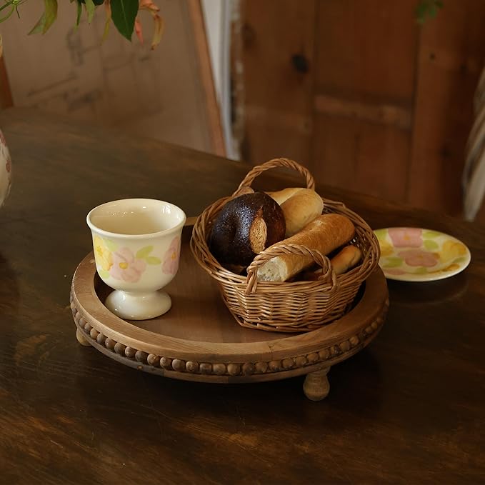 Wooden Tray - Round Beaded Serving Tray for Home Decor, Coffee Table, Kitchen Table, or Farmhouse Decor (Brown)