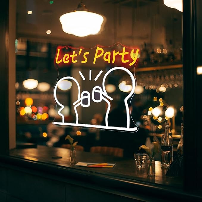 Let's Party Neon Sign - Dimmable neon LED sign with 5V Charger, Original Design for Creating a Happy Atmosphere, Can be used for Birthday Wedding Bars Drink Good Vibes Neon Sign