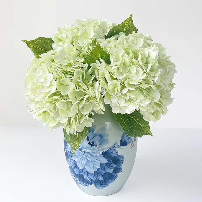 3Pcs Light Green Faux Hydrangea Flowers,21” Latex Real Touch Large Silk Royal Hydrangea Artificial Flowers,Spring Fake Flowers Bouquet for Centerpieces Table Wedding Kitchen Home