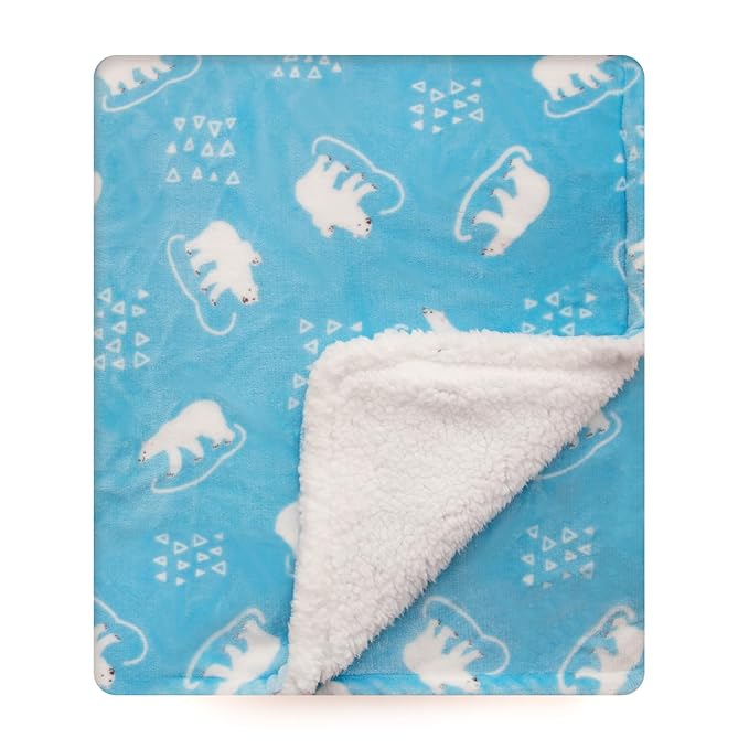 DaysU Plush Flannel Sherpa Baby Blanket for Girls Boys, Portable Reversible Soft Micro Fleece Baby Crib Throw Blanket with Animal Print for Newborn and Nursery, Polar Bear, 30"x40"