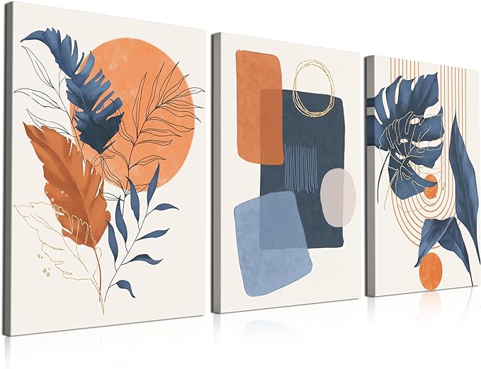 Boho Wall Art Painting Set of 3, 16"x24" Mid Century Modern Wall Decor Framed Canvas Print Minimalist Wall Art Geometric Abstract Modern Neutral Boho Wall Art Decor for Living Room Bedroom Bathroom