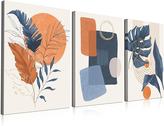 Boho Wall Art Painting Set of 3, 16"x24" Mid Century Modern Wall Decor Framed Canvas Print Minimalist Wall Art Geometric Abstract Modern Neutral Boho Wall Art Decor for Living Room Bedroom Bathroom