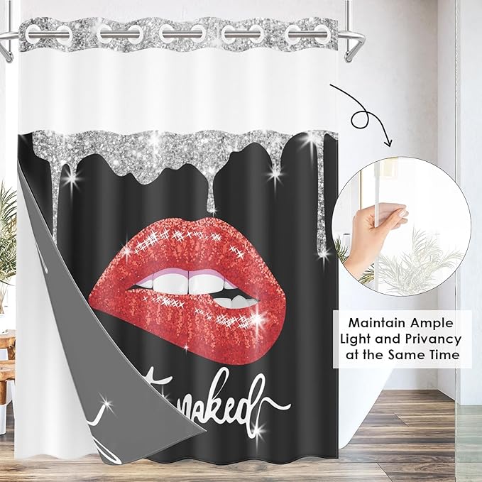 Red Lips No Hook Shower Curtain with Snap in Liner, Diamond Glitter Get Naked Black Bath Curtain with Double Layers Waterproof Fabric and Mesh Top Window 71x74 Inch