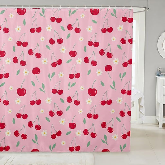 Feelyou Cherry Fabric Shower Curtain Fruits Shower Curtain for Kids Boys Girls Green Leaves Bathroom Waterproof Accessories with 12 Hooks Pink and Red Curtains,72X78 Inches