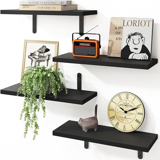 Fixwal Floating Shelves - 4 Set Farmhouse Wood Wall Mounted Shelves for Bedroom & Bathroom Storage, Book Shelf - Black