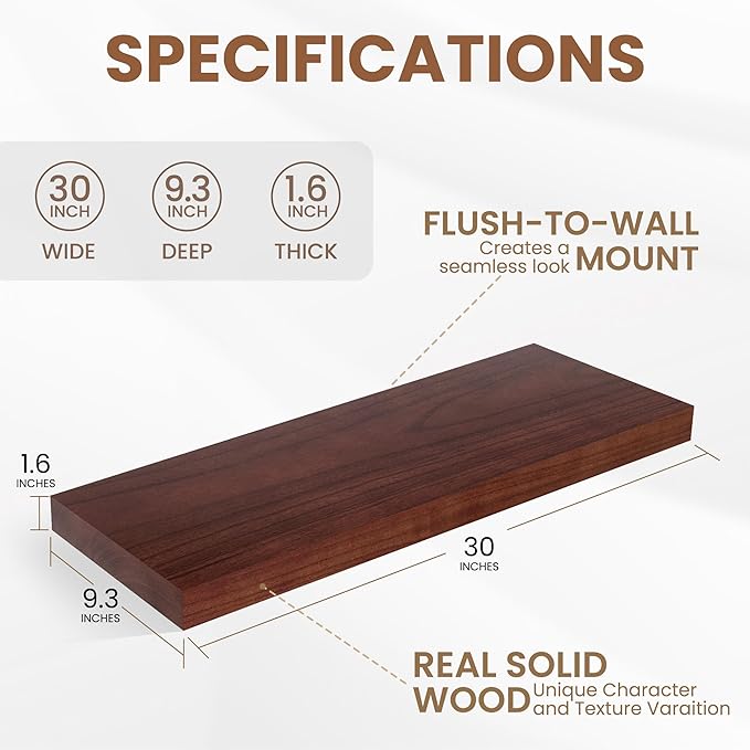 Fun Memories 9 Inch Deep Floating Shelves, Rustic Solid Wood Floating Shelf 30 Inch Long, 30 x 9 Wide Bathroom Shelves for Storage & Display, Walnut Color
