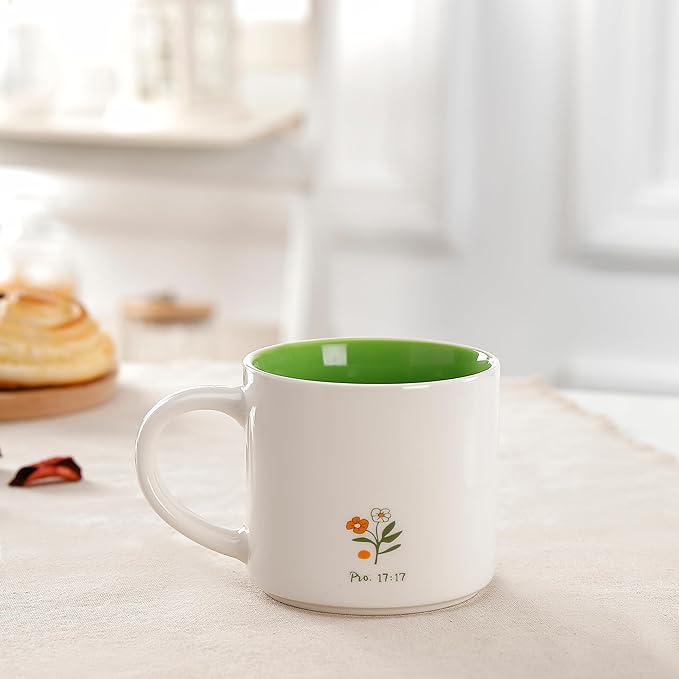 Floral Ceramic Mug 15 OZ (450ml) - Pro 17:17 "A Friend Loves at All Times - Elegant Flower Design - Friendship Gift Coffee Cup - Microwave & Dishwasher Safe - Great for Tea, Cocoa