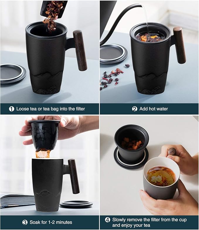 suyika Tomotime Ceramic Tea Cup with Infuser and Lid Tea Mugs Wooden Handle 400ml/13.5oz Black