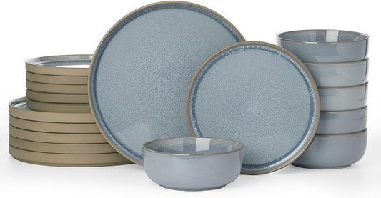 Famiware Nature Plates and Bowls Set, 18 Pieces Dinnerware Sets, Dishware Sets, Dishes Set for 6, Microwave and Dishwasher Safe, Light Blue