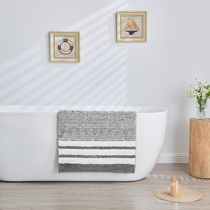 CozeCube Grey Striped Bath mats for Bathroom Non Slip, Fluffy Absorbent Microfiber Bath mat Washable, Aesthetic Bathroom Rugs, Large Bath mat for Sink, 36" x 24"