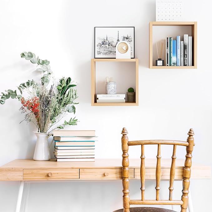 Kaboon Cube Floating Shelves Set2, Display Shelves Wall Mount 7.75" D x 12.5" W x 12.5" H, (Light Walnut, Square 2 Cubes)