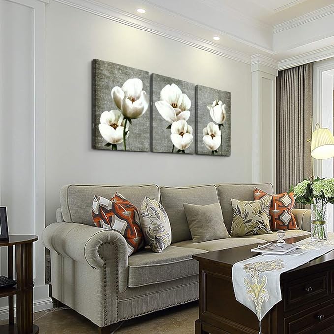 Living Room Wall Decor Canvas Wall Art For Bedroom Bathroom Wall Painting Artwork Gray Green Vintage Style White Flowers Abstract Pictures Wall Decorations For Kitchen 3 Panels Modern Family Decor