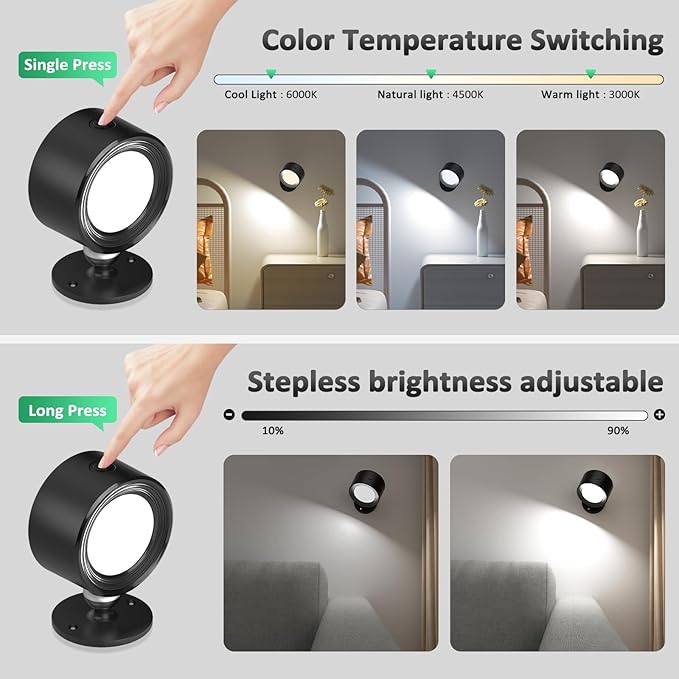 LED Wall Mounted Lights 2 Pcs with Remote, Wall Sconces Lamp 3000mAh Rechargeable Battery Operated, 3 Color Temperatures & Dimmable Magnetic 360° Rotation Cordless Light for Bedroom Bedside