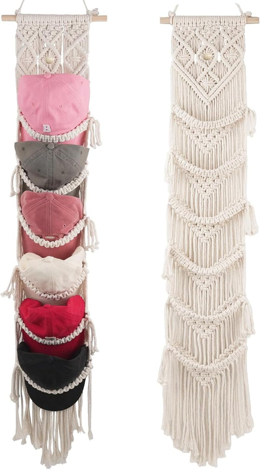 2PCS Macrame Cap Holders Boho Hat Hangers Over Door Ball Cap Rack Organizer Decorative Bohemian Handmade Woven Wall Hanging for Baseball Cap Display Decoration (Ivory, Up to 24 Caps)