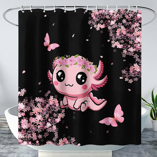 AILONEN Cute Cartoon Axolotl Kawaii Shower Curtain,Pink Cherry Blossom Floral Bath Curtain,Animal Axolotl Butterfly Waterproof Black Curtain for Bathroom, 36" W x 72" H