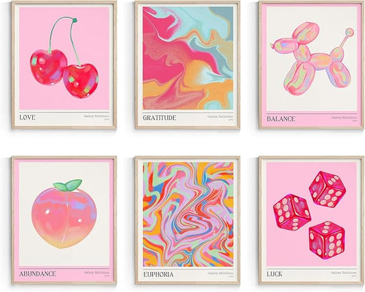 Habseligkeit Pink Cherry Wall Art Prints, Cute Wall Decors for Room Aesthtic, Posters for Girls Bedroom Decor Aesthetic Unframed, 8X10in, Set of 6
