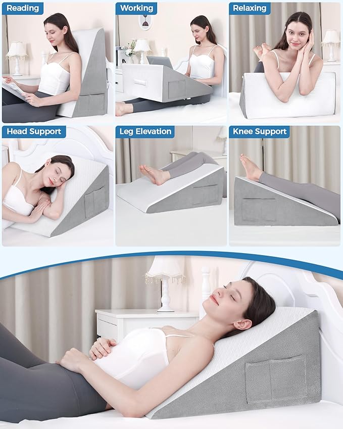 Wedge Pillow for Sleeping, 12 Inch Bed Wedge Pillow for After Surgery, Acid Reflux, Memory Foam Top Triangle Pillow Wedge for Head, Back, Leg with Knitted Breathable Cover