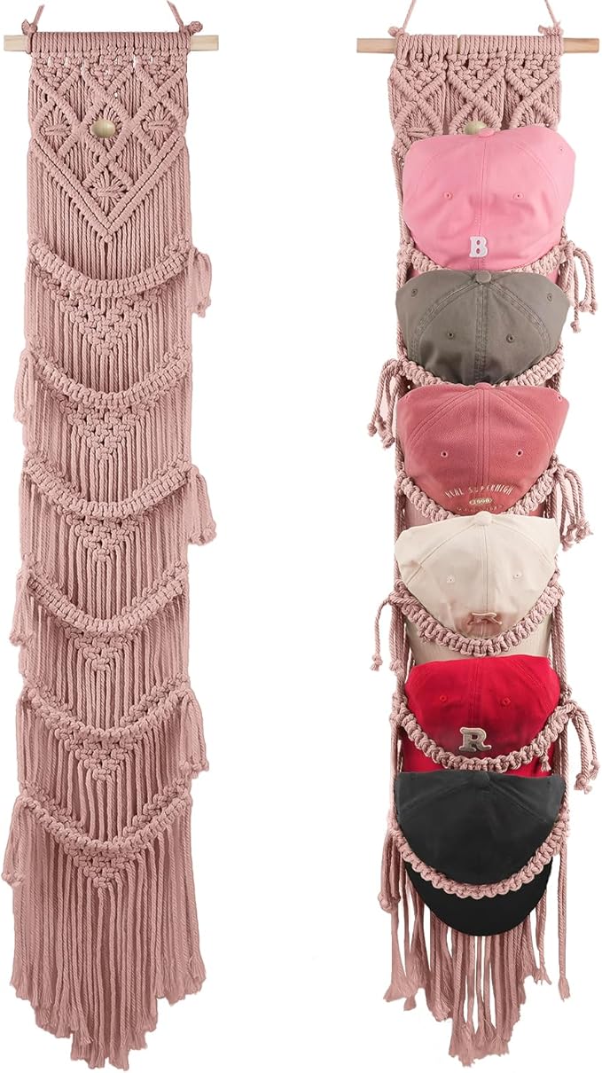 2PCS Macrame Cap Holder Boho Hat Hangers Over Door Decorative Bohemian Handmade Ball Cap Rack Organizer Woven Wall Hanging for Baseball Cap Display Decorations (Rose Pink, Up to 24 Caps)