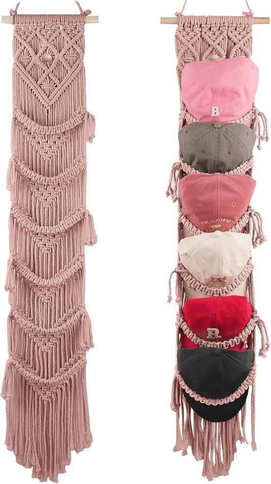 2PCS Macrame Cap Holder Boho Hat Hangers Over Door Decorative Bohemian Handmade Ball Cap Rack Organizer Woven Wall Hanging for Baseball Cap Display Decorations (Rose Pink, Up to 24 Caps)