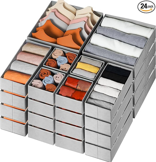 Criusia Drawer Organizer Clothes 24 Pack, Fabric Closet Organizers and Storage Bins for Underwear Sock, Odorless Dresser Drawer Dividers for Baby Nursery Organization (Grey)