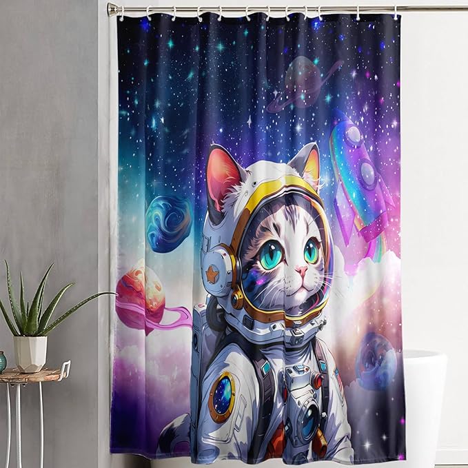 AILONEN Cartoon Astronaut Cat Shower Curtain Set for Kids Boys, Rainbow Rocket Waterproof Fabric Shower Curtain Curtain for Bathroom,Joyful Cat Galaxy Planet Shower Curtain Liner,36" W*72" H