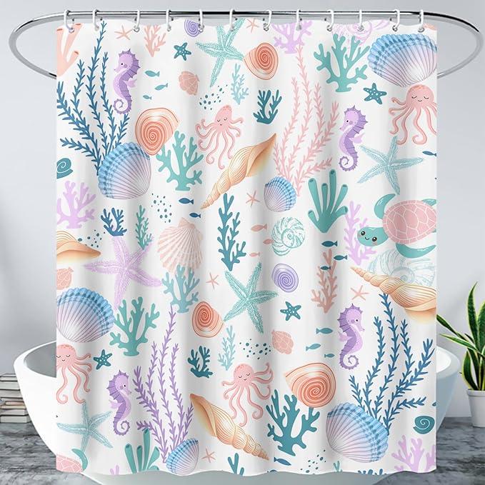 AILONEN Kids Ocean Shower Curtain for Bathroom,Funny Cute Octopus Fish Ocean Under Sea Coral Starfish Bath Curtain for Boys Girls, 72" W*78" H Art Waterproof Decor Fabric 12 Pack Hooks