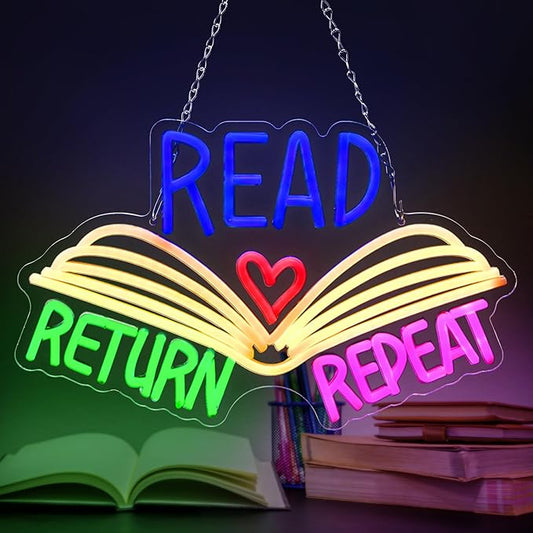 Retisee 15.8 x 10 Inches Neon Sign Read Return Repeat Book Library Decor Gifts LED Sign for Library Wall Book Themed Room Book Lover Room Reading Room Decor(Read)