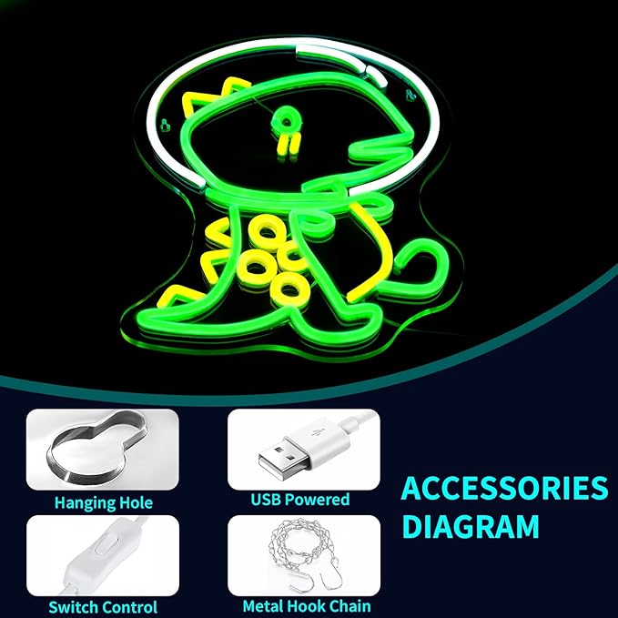 Dinosaur Astronaut Neon Sign Led Neon Signs for Wall Decor Green Light Up Sign Preppy Girls Room Decor USB Powered Gifts