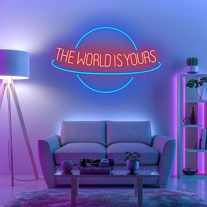 The World is Yours Neon Sign Planet LED Neon Light for Wall Decor Dimmable Blue Light Up Signs for Man Cave Beer Bar Wedding Game Room Bedroom Birthday Party Decor Gift