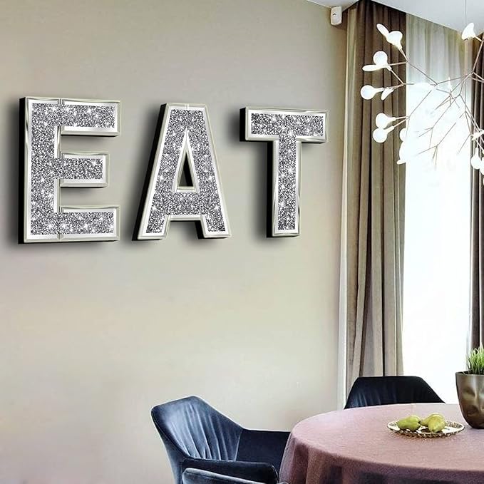 3 pcs Independent Letters EAT.Glam Crystal Diamond Letters.Silver Mirror Glass Home Decoration for Wall, Kitchen,Living Room, Fireplace, Bookshelf and Table.