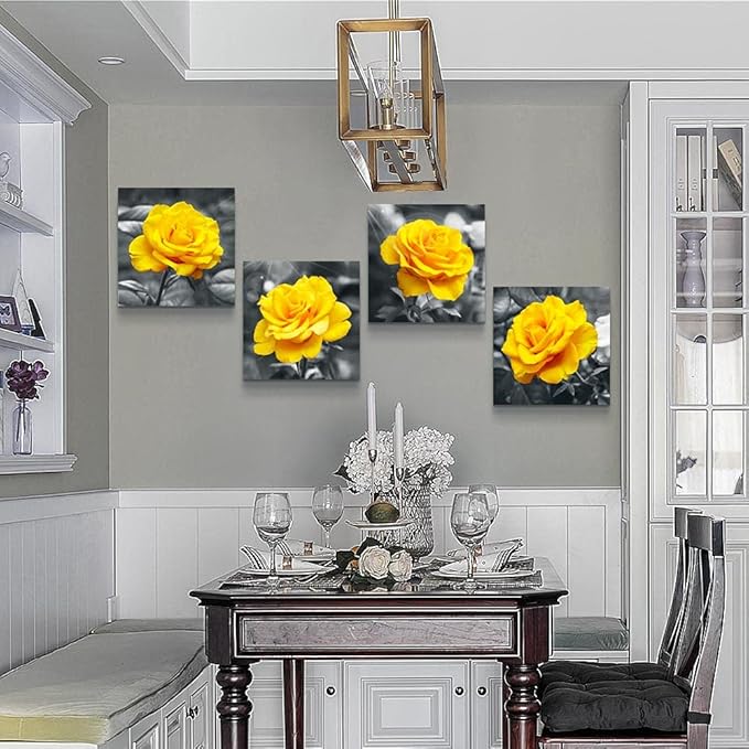 Canvas Wall Art For Living Room Family Wall Decor For Bedroom Modern Kitchen Wall Decorations Black And White Wall Pictures Artwork Yellow Rose Flowers Canvas Art Prints Large Size Home Decor 4 Piece
