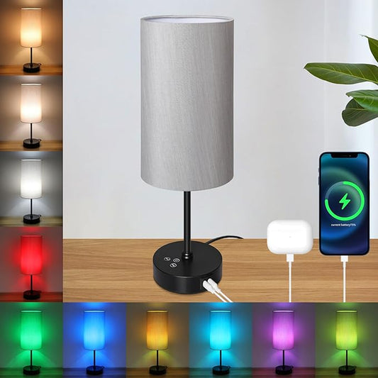 Unicozin Table Lamp, 3 CCT 3000K/4500K/6500K & RGB Color Changing, Stepless Dimmable, 17Inch Bedside Lamp for Reading, Ambience Nightstand Light for Home Decor Party, Grey Shade