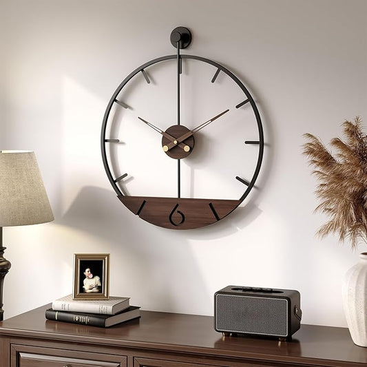 16 Inch Modern Wall Clock with Walnut Wood Dial, Silent Non-Ticking Battery Operated Metal Frame Clock Decorative for Living Room, Kitchen, Office, or Bedroom Wall Decor, Black and Brown